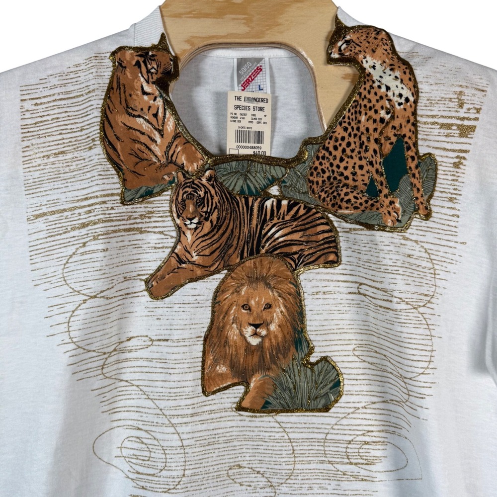 Jerzees T-Shirt Big Cats Endangered Species Store Womens L White Gold Glitter